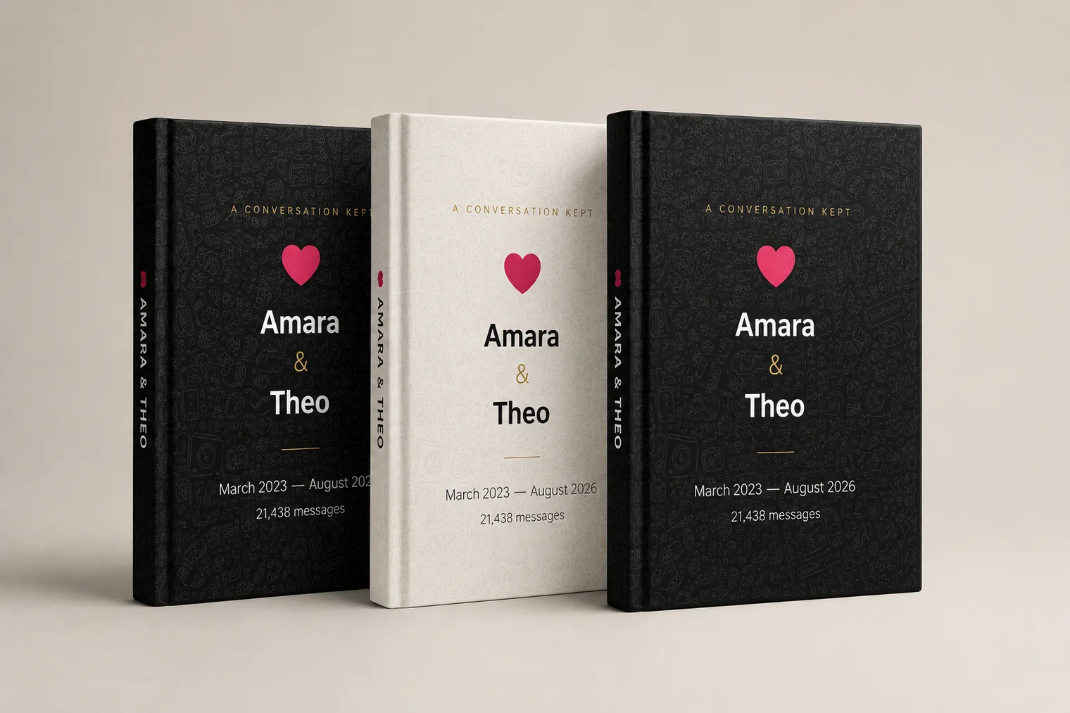 Three hardcover Kept in Print editions, dark and light editions — Amara & Theo, a conversation kept