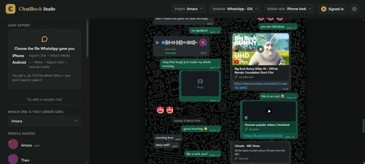 The Kept in Print Studio — a WhatsApp chat being typeset into a printable book